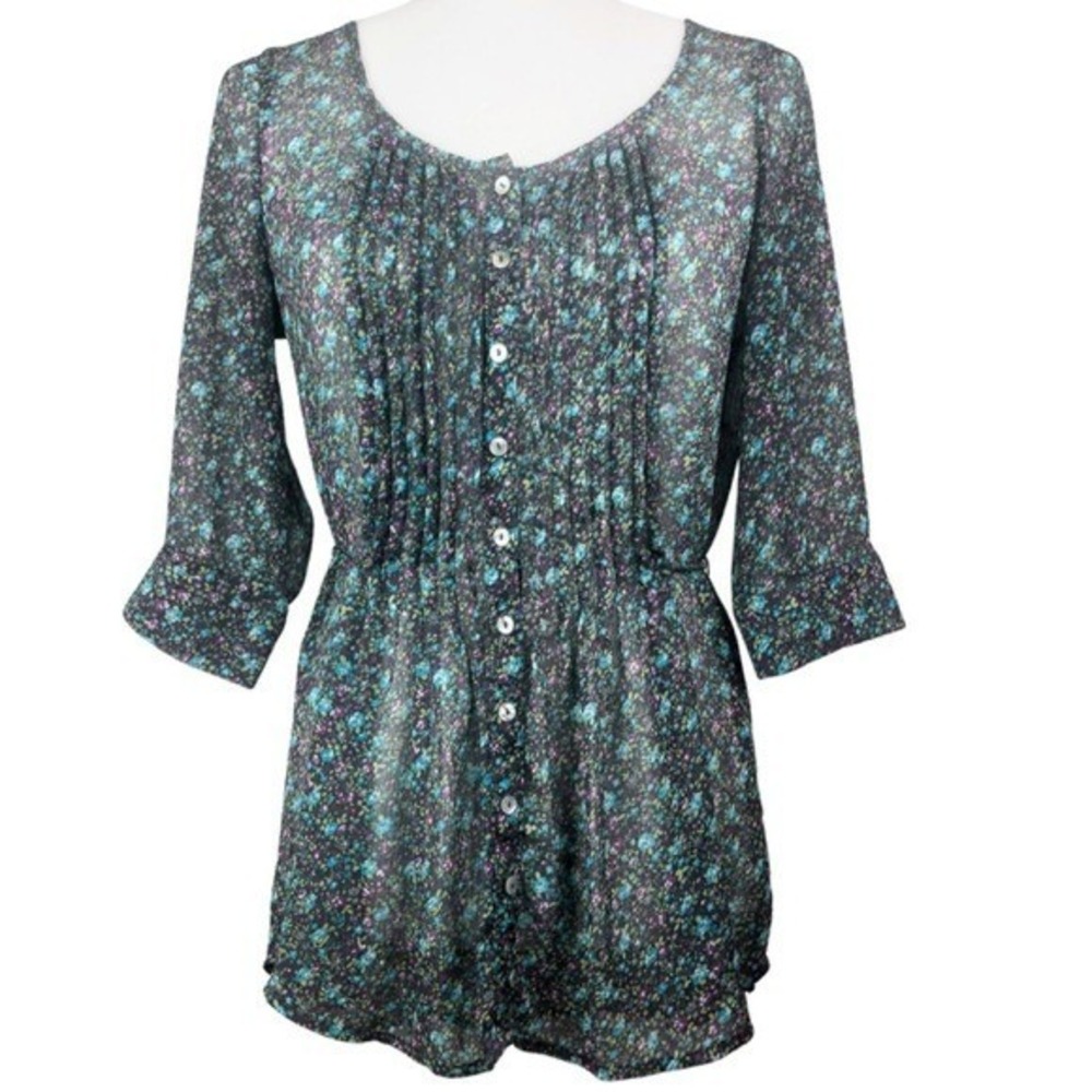 Matter + Sound Womens Floral Pintuck Peplum Blouse Sheer 3/4 Sleeve Blue Small - Picture 2 of 8